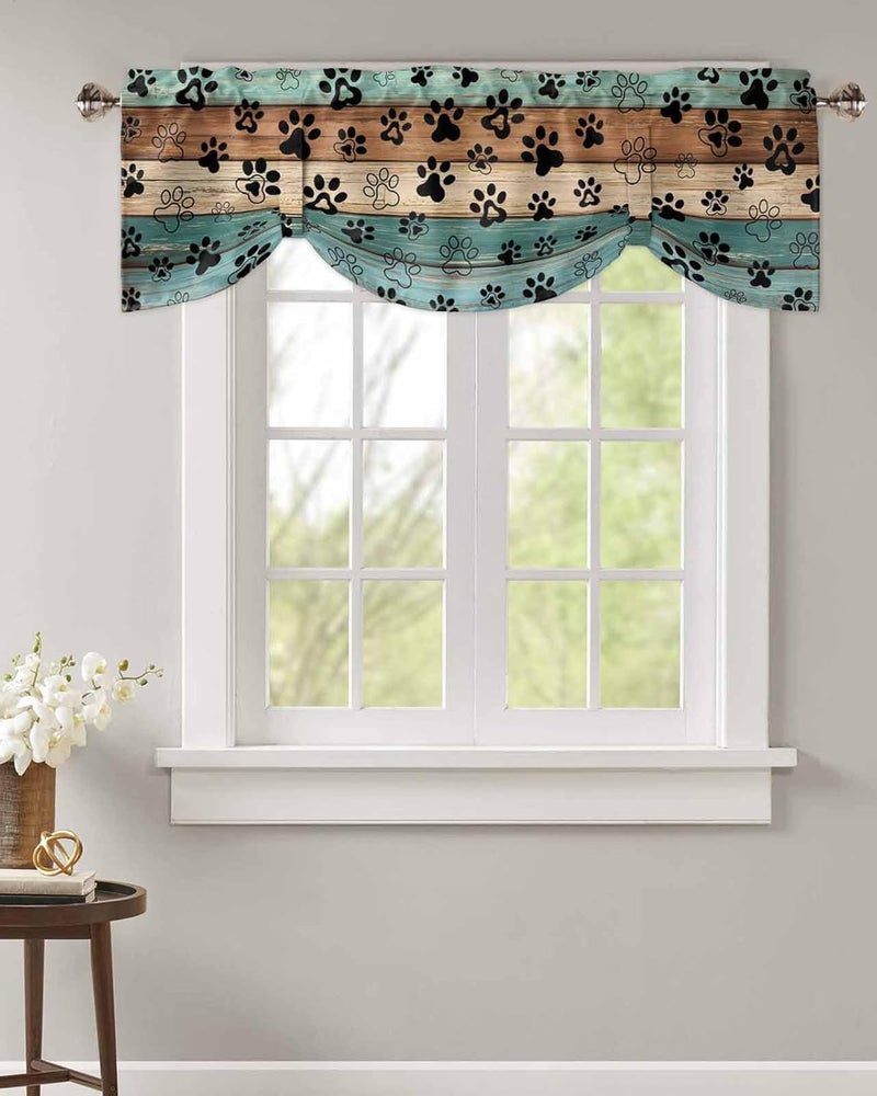 RisQiten Dog Paw Print Tie Up Valance Curtains for Windows, Teal Brown Beige Wooden Kitchen Curtains Window Treatments, Farmhouse Short Window Shades Valances for Bedroom Bathroom Cafe 54"x18" - Image 2